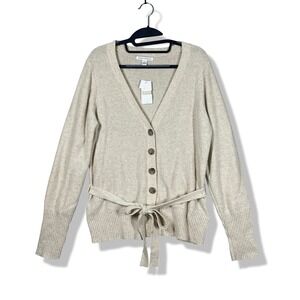 Banana Republic Oatmeal Ribbed Knit Belted Cardigan Sweater Women L Quiet Luxury